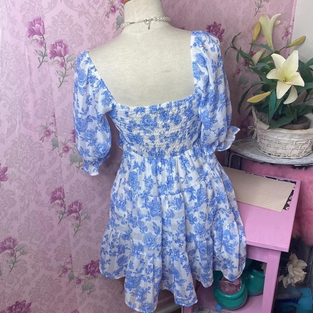 πΉ Trixxi πΉ NWT Blue & White Floral Ruffle Babydoll Dress - Picture 8 of 16